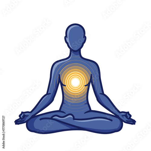 An illustrative blue figure practices tranquil meditation, emanating a vibrant golden glow from its core, representing spiritual harmony and profound inner balance.