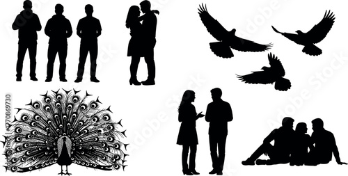 Silhouette collection of people, birds, and peacock in various poses, perfect for design, decoration, and creative vector compositions.