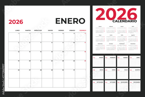 Spanish Calendar Template for 2026 Year with Monday Start