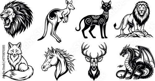 Stylized animal vector set featuring lion, dragon, horse, fox, cat, deer, kangaroo in bold black and white tattoo style