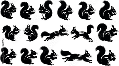 Stylized squirrel movement poses vector set showing running, jumping, crouching, sitting actions for animation, wildlife study, and design use