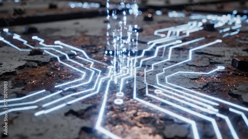 Abstract illustration of glowing circuit board lines on weathered surface technology background