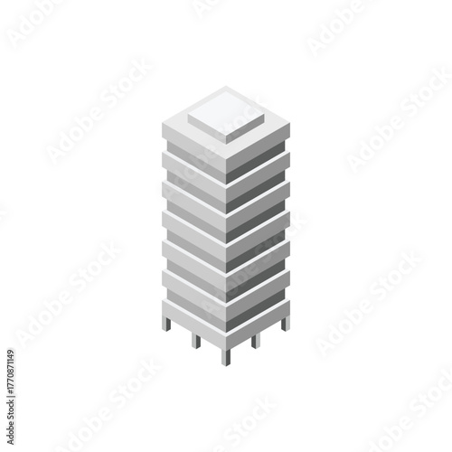 Isometric commercial and residential building. Modern architecture. Smart isometric building game assets. Business center building 3d render illustration with windows. Simple icon white colors. 