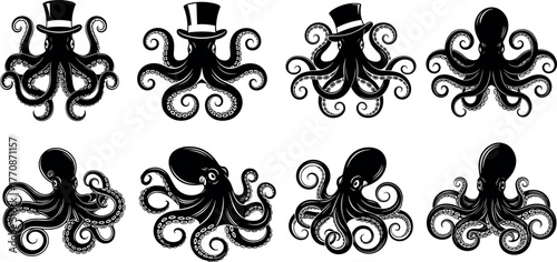 Whimsical octopus character set with top hats and tentacle variations, perfect for marine-themed vector design, decoration, and merchandise.