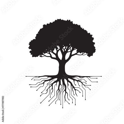 A stylized vector silhouette of a tree and its roots, useful for nature and design illustration with a black icon style