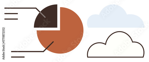 Pie chart with labeled sections and simple cloud outline depicting data analysis, cloud computing, innovation, digital technology, information storage, business strategy, simple flat metaphor