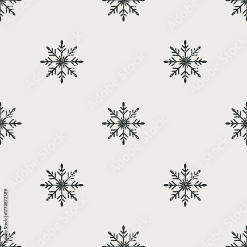 Seamless Christmas pattern. Grunge grainy snowflake texture. Festive endless vintage print. New Year's flat vector. For textile, wallpaper, wrapping design. Black snowflakes on white background.