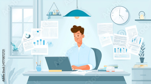 Un homme d'affaires dans un bureau moderne, analysant des données financières sur son ordinateur portable