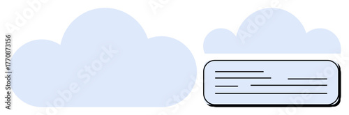 Blue clouds paired with a data box featuring lines suggesting text or data. Ideal for cloud computing, data storage, minimalism, technology, server, digital organization, simple flat metaphor