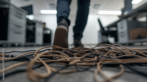 Navigating the tangled web of cables underfoot in the office, a low-angle view captures the chaotic reality beneath the surface of the modern workspace. Connection challenges persist.
