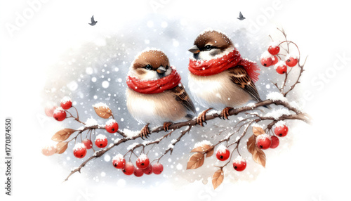 Watercolor illustration of two sparrows in red scarves sitting on a snowy branch with red winter berries.