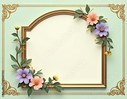 An elegant arched gold frame with intricate golden corner details is beautifully adorned with delicate pastel pink and purple flowers and green leaves.