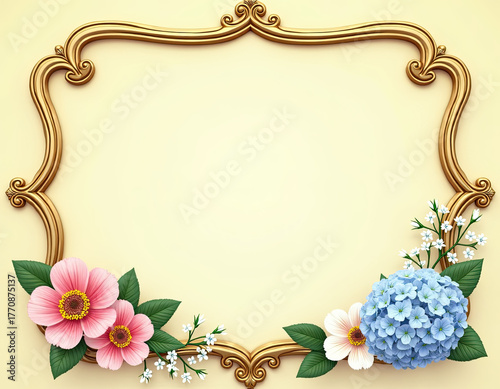 An elegant golden ornate frame featuring intricate scrollwork is beautifully adorned by a delightful arrangement of pink and blue flowers.