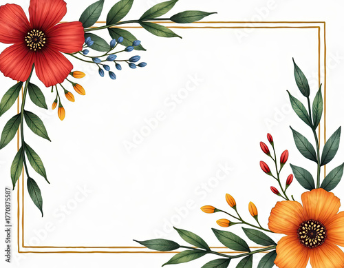 This elegant design features vibrant watercolor red and orange flowers with lush green leaves framing a beautiful golden border on a clean white background.