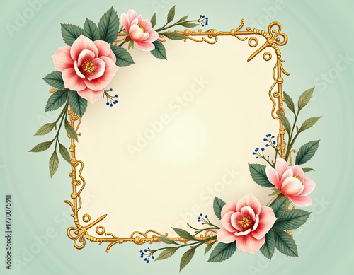 A decorative golden frame with blooming pink flowers, vibrant green leaves, and blue accents forms an elegant border on a light pastel background.