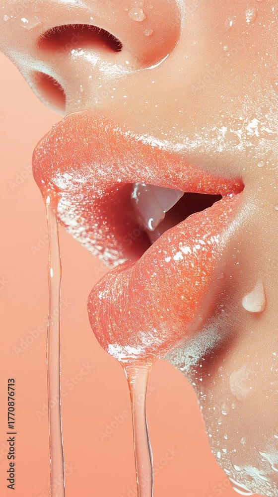 Fototapeta premium Vibrant moist lips with clear liquid glistening and flowing from the mouth. Dewy fresh skin with shimmering droplets on a soft peach backdrop.