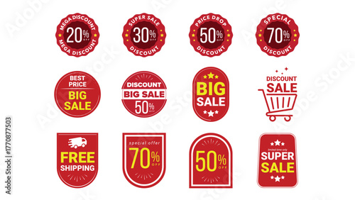 Red Discount Sale Badge Icons Set with 20% to 70% Off Labels and Special Offer Stickers