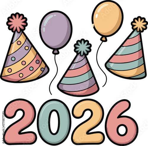 New Year 2026 illustration with pastel party hats, balloons, and festive decorations