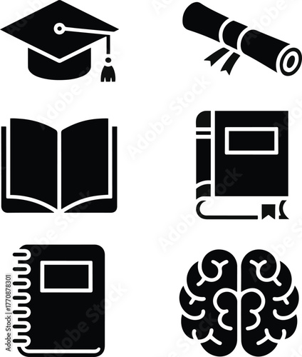 Education and knowledge solid icons set with books, graduation cap, diploma, brain, and notebook, flat black vector