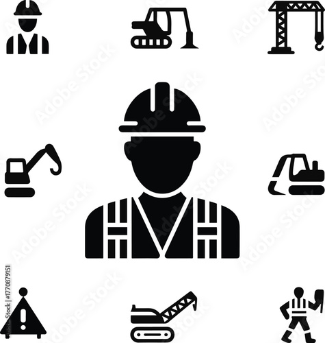 Construction and engineering solid icons set with builder, excavator, crane, bulldozer, tractor, and safety worker vector