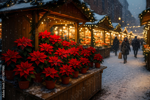 Christmas Market with Poinsettias and Snowfall