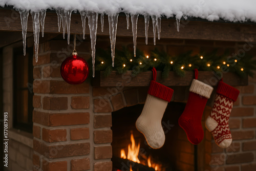 Christmas Stockings with Icicles and Red Ornament