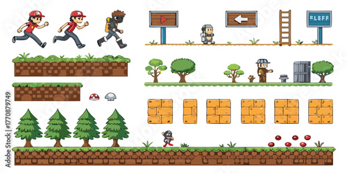 2D Game Level Design Sprite Sheet – Platformer Game Assets Pack, Pixel Art Tileset, Background Elements, Characters, and Objects for Indie Game Developers and Animation Projects