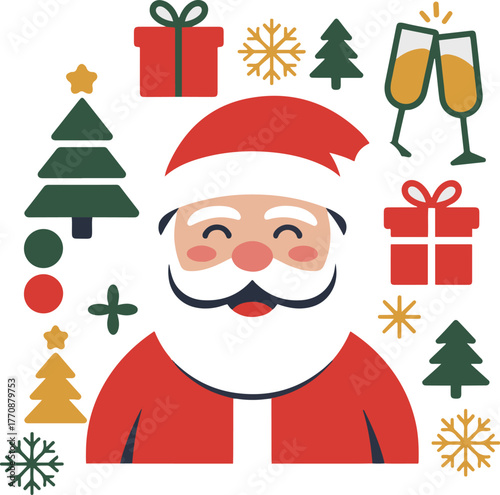 Santa Claus illustration surrounded by Christmas elements such as gifts, trees, snowflakes, and champagne glasses