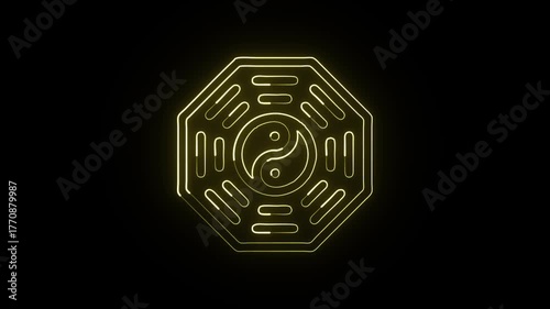 Glowing neon line Yin Yang symbol with smooth rotation. Balance philosophy animation HD video isolated on black background.