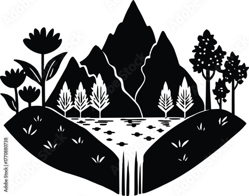 Blooming Hills with Waterfall Silhouette | Scenic Hillside Waterfall View