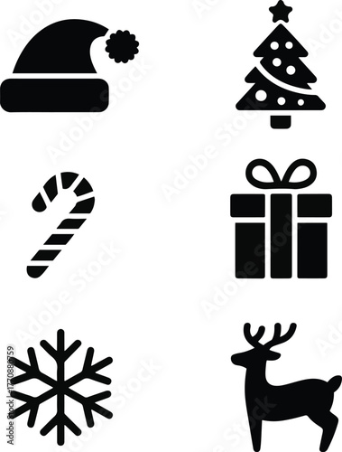Christmas solid icons set with Santa hat, Christmas tree, candy cane, gift box, snowflake, and reindeer, flat black vector illustration