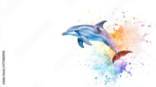 Vibrant watercolor illustration of dolphin swimming gracefully, surrounded by colorful splashes of paint, evoking sense of joy and freedom
