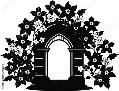 Blossoms Around Stone Gate Silhouette | Enchanted Garden Entrance Scene