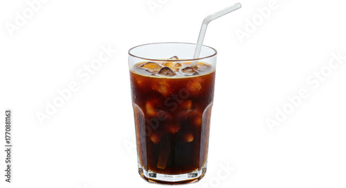 Refreshing Iced Coffee with Ice Cubes and Straw in a Tall Glass Transparent Background