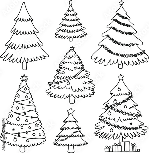 Christmas tree line icons set with decorations, garlands, and stars, minimal black outline vector illustration