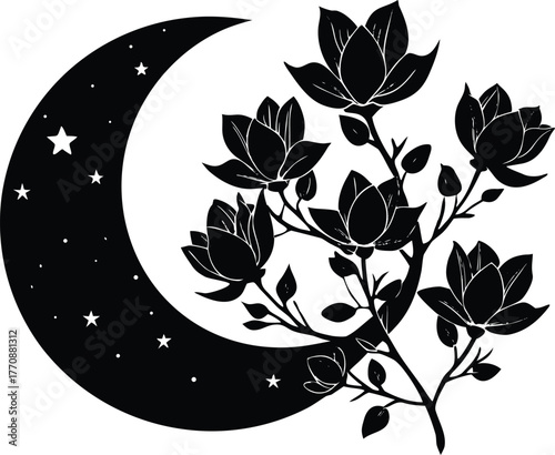 Blossoms Under Crescent Moon Silhouette | Nighttime Floral Moonlit Scene