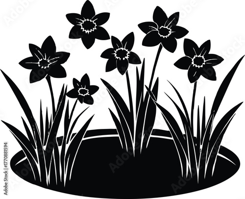 Daffodil Blooms Around Garden Pond Silhouette | Cheerful Springtime Garden View