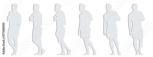 Vector concept conceptual gray paper cut silhouette of a man in  shorts with a towel standing from different perspectives isolated on white background.  A metaphor for sport, fitness,  health and well