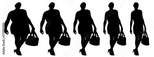 Conceptual fat overweight obese female vs slim fit healthy body after weight loss or diet on white background banner. A  fitness, nutrition or obesity, health shape illustration vector as silhouettes