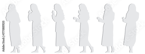 Vector concept conceptual gray paper cut silhouette of a woman in a bathrobe from different perspectives isolated on white background. A metaphor for relaxation, wellness, beauty, health care and life