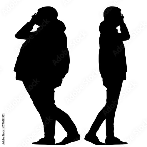 Conceptual fat overweight obese female vs slim fit healthy body after weight loss or diet on white background. A  fitness, nutrition or obesity, health shape illustration vector as silhouettes