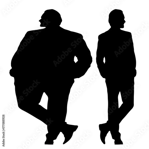 Conceptual fat overweight obese man vs slim fit healthy body after weight loss or diet, white background. A  fitness, nutrition or obesity, health care shape illustration vector as silhouettes