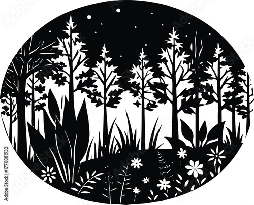 Floral Forest Clearing at Dawn Silhouette | Early Morning Blooming Forest View