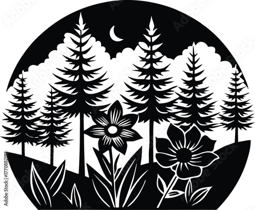 Flowers and Pine Trees in Sunset Silhouette | Nature Forest Sunset Scene