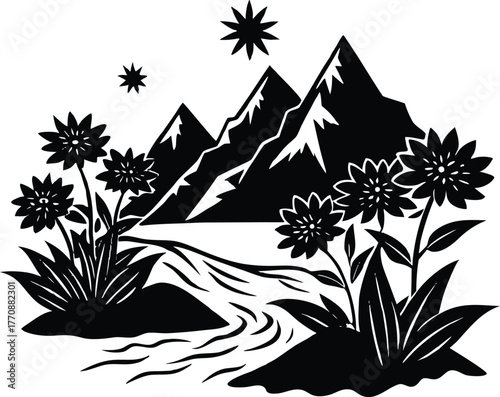 Flowers Beside Mountain Stream Silhouette | Tranquil Stream and Flower View