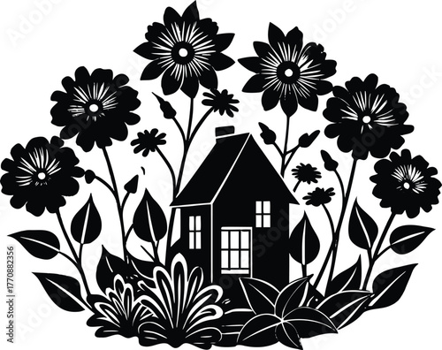 Flowers Surrounding Country Cottage Silhouette | Cozy Home in Blooming Garden