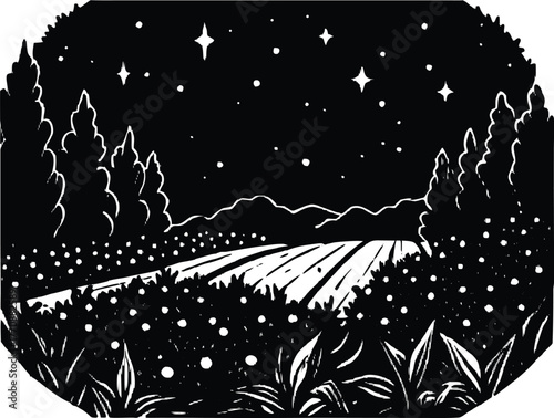 Garden Field Under Glowing Stars Silhouette | Magical Night Garden Scene