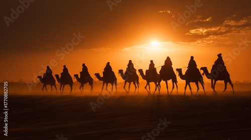 Silhouette of a camel caravan crossing the desert at sunset, with the sun setting behind them, creating a dramatic and evocative scene of traditional travel and cultural heritage in the middle east