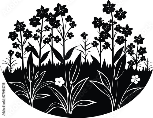 Meadow Forget Me Nots Near Forest Silhouette | Peaceful Woodland Flower Scene