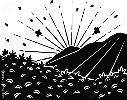 Petal Covered Hillside with Sun Rays Silhouette | Radiant Morning Floral Scene